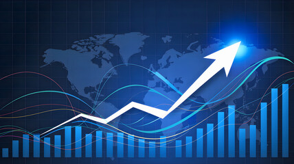 Financial market trading chart showing a rising trend with an upward arrow, symbolizing economic growth and investment success