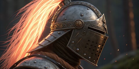 Intricate medieval knight helmet with fiery plume, perfect for fantasy novel covers and historical documentaries, a warriors legacy