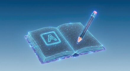 Holographic book with pencil, illustrating digital learning and knowledge