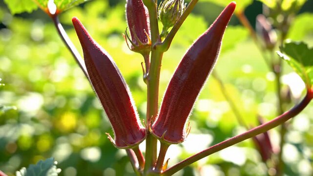 Close Up of Red Okra Plant Growing on Vine in Garden