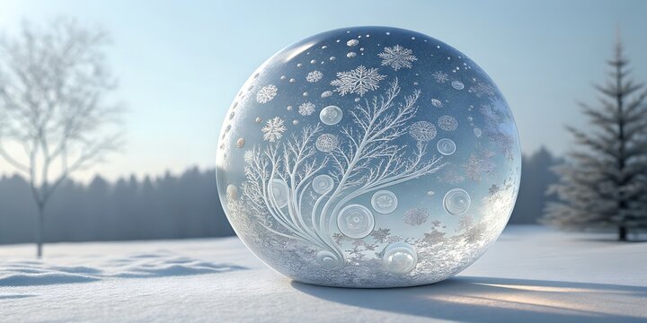 Delicate winter wonderland scene featuring an intricate snow globe design in peaceful outdoor setting evokes holiday spirit and festive charm