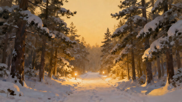 A serene, snowy path through a pine forest at dusk, landscape view. The path leads towards the center of the image, with tall snow-covered trees on both sides creating a natural frame.