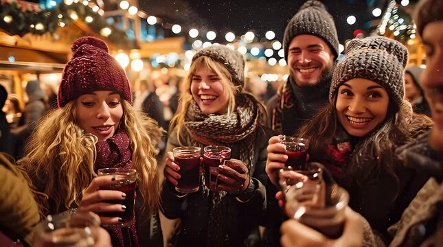 Group of happy friends drinking mulled wine at a festive Christmas market in winter