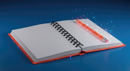 An open notebook with a glowing pencil, sparkling magic light dust