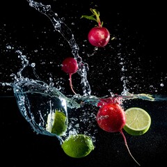 Radishes and limes erupting from water with splashes on black backdrop