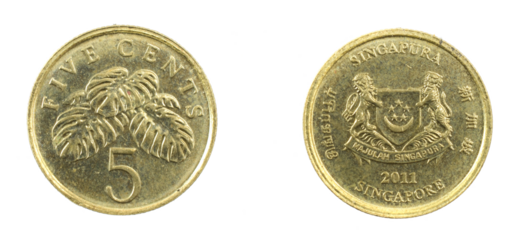 Singapore five cents coin on a white isolated background
