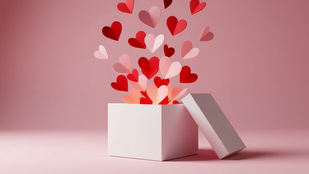 Hearts spilling from open gift box on pink background - Powered by Adobe