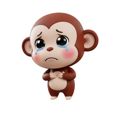 Sad cartoon monkey character with teary eyes expressing emotion and empathy for cute children’s storytelling, isolated on a transparent background, png, cutout.
