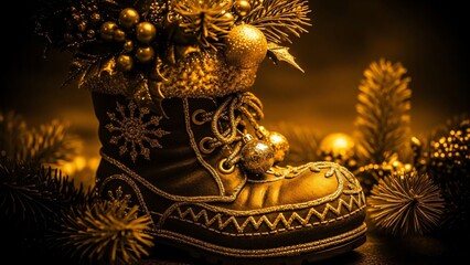 Golden Christmas Boot Decoration with Pine and Ornaments