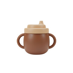 Adorable baby training cup with handles and soft lid designed for toddlers learning to drink independently, isolated on a transparent background, png, cutout.