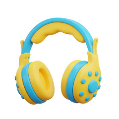 Bright yellow and blue children’s headphones with soft ear cushions and playful round design, perfect for kids’ music visuals, tech illustrations, isolated on a transparent background, png, cutout.