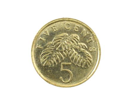 Singapore five cents coin on a white isolated background