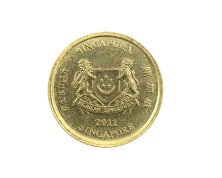 Singapore five cents coin on a white isolated background