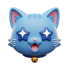 Cute blue cat character with star-shaped eyes, wide joyful expression, and stylized rounded features ideal for playful fantasy illustrations, isolated on a transparent background, png, cutout.