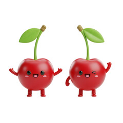 Adorable pair of cartoon cherries with smiling faces, tiny limbs, and glossy red surfaces perfect for fun fruit-themed children’s graphics, isolated on a transparent background, png, cutout.