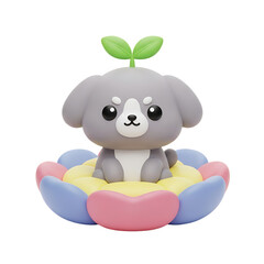 Cute cartoon puppy sitting on a colorful flower-shaped float with a tiny sprout on its head, designed for playful children’s summer themes, isolated on a transparent background, png, cutout.