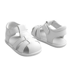 White baby sandals with soft straps and rounded soles designed for toddler comfort and lightweight summer wear, ideal for nursery product displays, isolated on a transparent background, png, cutout.