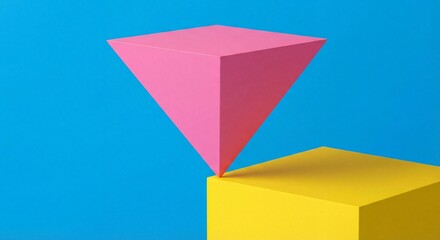 Inverted pink pyramid balancing on a yellow cube edge. Memphis style concept of creative risk, startup strategy, business instability, and innovation.