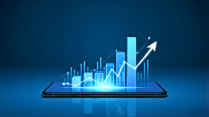 Digital Business Growth Concept Dynamic glowing bar chart with an upward arrow emerging from a smartphone screen, symbolizing financial success, market progress, and data analytics