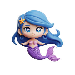 Charming chibi-style mermaid character with blue flowing hair, shimmering purple tail, and friendly magical expression for fantasy children’s themes, isolated on a transparent background, png, cutout.