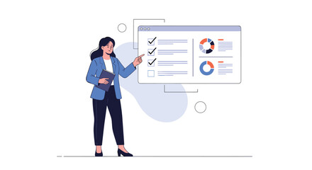 Dynamic businesswoman pointing at data charts for project management success in modern office, showcasing progress and achievements with confidence