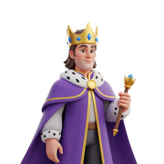 Royal cartoon king character dressed in a purple cape, golden crown, and ornate scepter, illustrated in a friendly stylized 3D design for story themes, isolated on a transparent background, png,cutout