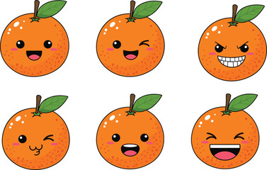 Cartoon orange character illustration set, cute fruit faces, expressive emotions, happy, angry, winking, vector artwork, white background