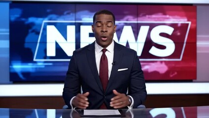 Confident Male News Anchor In Dark Suit And Red Tie Delivers Broadcast In Studio With Large NEWS Screen Background - Powered by Adobe