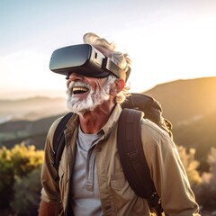 Senior man smiling with VR headset, outdoors, enjoying digital experience
