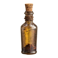 Antique amber glass bottle with cork stopper isolated on transparent background