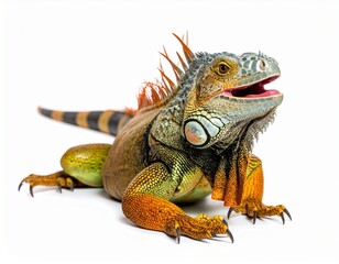 Fototapeta premium Green iguana lying down with its mouth open, showcasing a powerful posture.