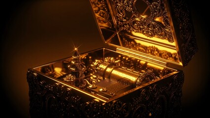 Ornate Golden Music Box with Intricate Mechanical Details