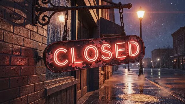 Vintage Neon Sign Closed Lit in Rain on a City Street at Night