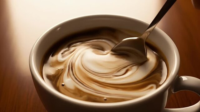 Close-up of a spoon stirring hot chocolate in a white ceramic mug on a wooden surface, showcasing swirling patterns and rich texture