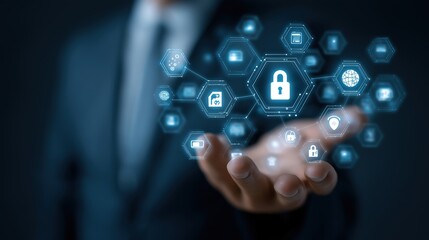 Security Expert Grasping Global Industry Icons, Faceless Professional in Digital Authentication, Enterprise Protection Mastery, with Placeholder Space