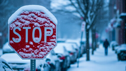 Stop sign covered with snow – Symbol of winter visibility issues and caution