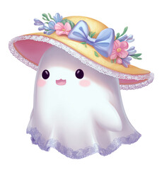 Cute ghost wearing a yellow hat with flowers and bow isolated on transparent background