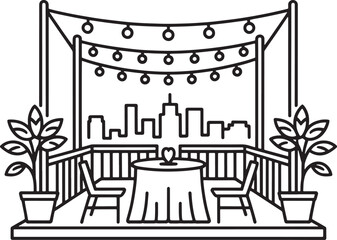 Fototapeta premium Outdoor city balcony cafe with string lights line art vector illustration