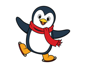 happy penguin ice skating with scarf colorful cartoon illustration vector design