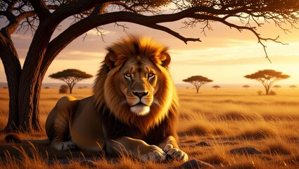 Lion resting under acacia tree at golden hour