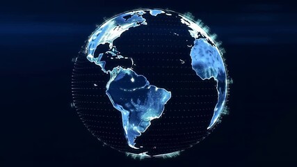 Blue digital hologram of rotating earth globe with futuristic network connections and data visualization - Powered by Adobe