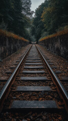Fototapeta premium Dark railway track through forest on cloudy day
