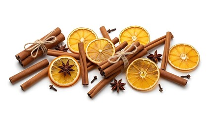 Aromatic arrangement of cinnamon sticks, dried orange slices, star anise, and cloves on a white background.
