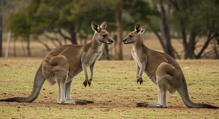 Two kangaroos stand facing each other in a dry, grassy field with trees in the background