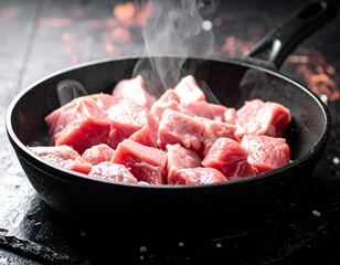 Sizzling raw meat cubes in a dark skillet, steam rising
