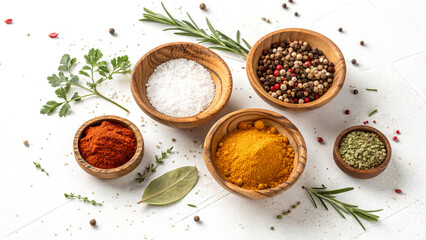 Wooden spice bowls filled with vibrant herbs