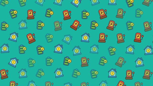 Seamless pattern of house and clipboard icons on a teal background.