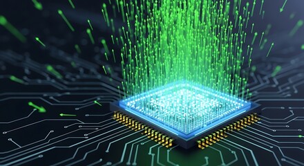 Central processing unit with glowing green data streams emanating from it, representing advanced technology and computation