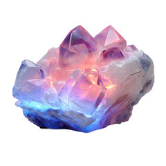 Illuminated amethyst geode cluster with purple and blue light isolated on transparent background