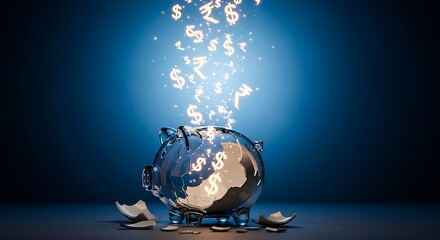 A broken piggy bank with glowing currency symbols pouring out, symbolizing financial loss or crisis